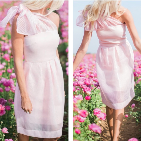 Camilyn‎ Beth Light Pink One Shoulder Bow Tie Pleated Sheath Dress Size 4